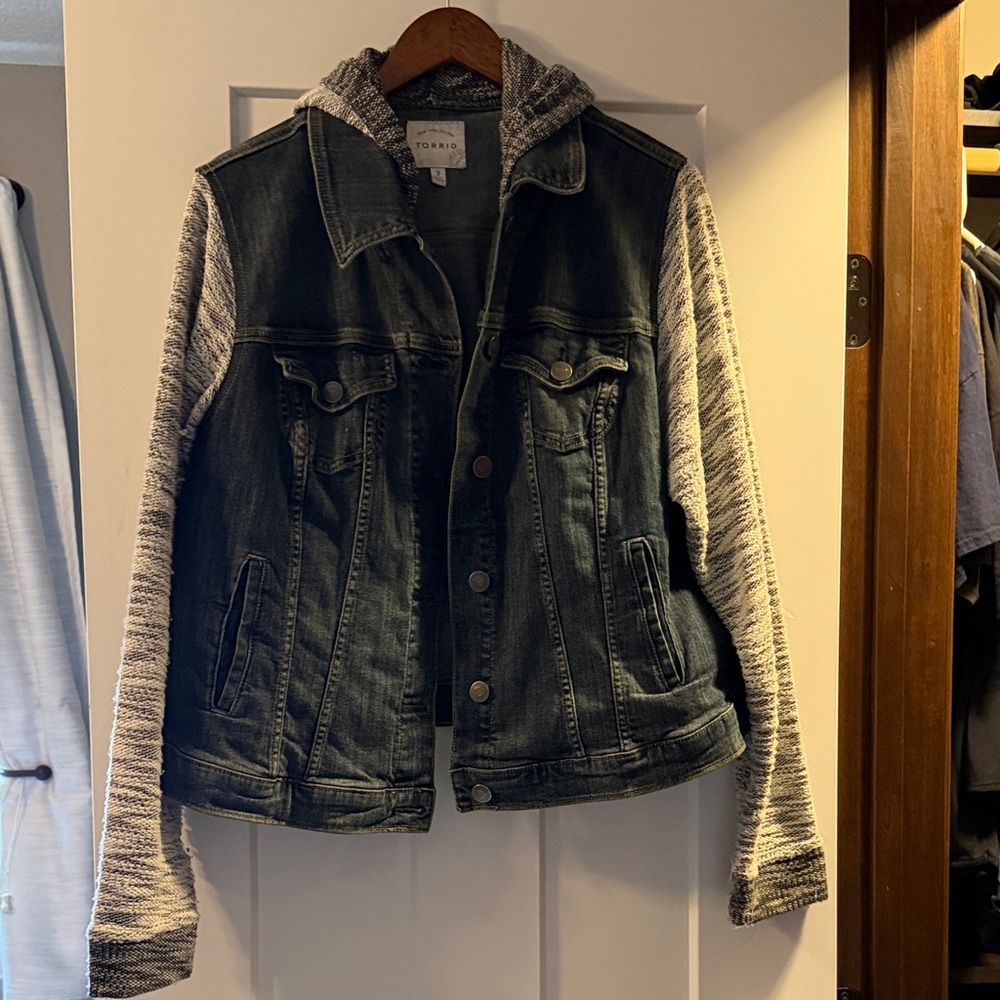 torrid Dark Charcoal Denim Jacket with Heather Gray Knit Hood & Sleeves